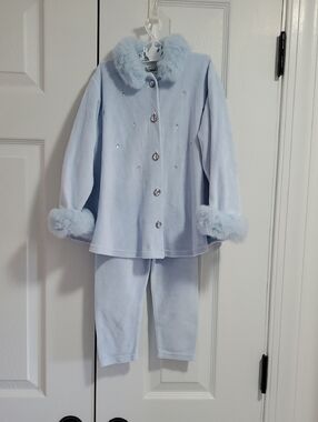 Vintage Panache Light Blue Plush-Trim Velour Girls Set
